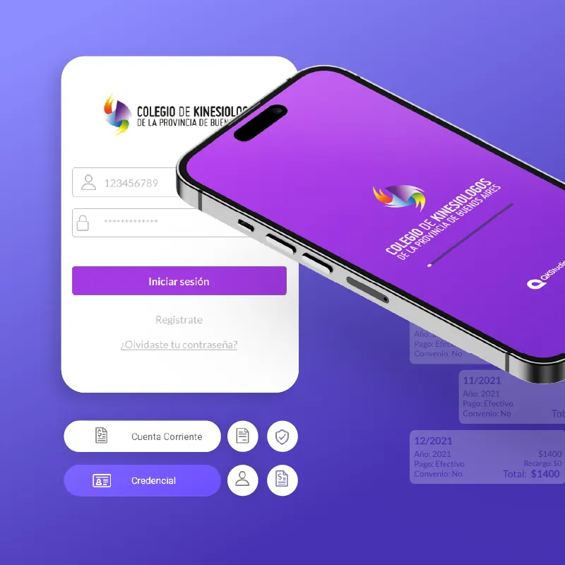 App móvil de QKStudio para el Colegio de Kinesiólogos: pantalla de inicio de sesión, credencial y cuenta corriente
