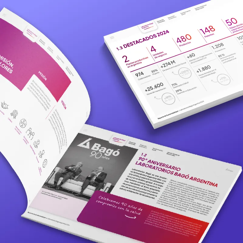 Diseño editorial de QKStudio: informe anual con infografías, cifras destacadas y notas institucionales