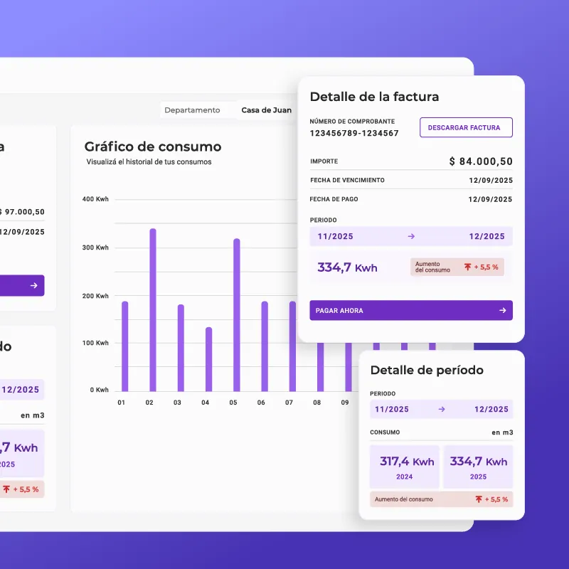 Web app de QKStudio: panel de consumo con gráfico de barras y detalle de factura