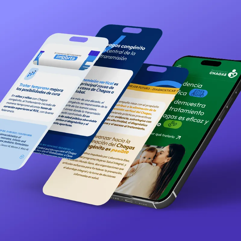Sitio web de QKStudio adaptado a celulares: pantallas con contenido sobre la enfermedad de Chagas
