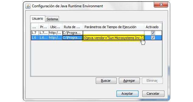 Configuración de JAVA, agregado del parámetro!