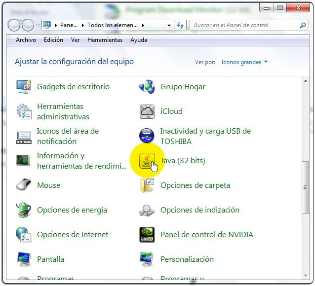 Icono de Java en el Panel de Control