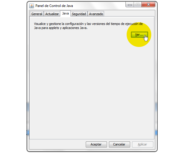 Panel de Control de JAVA, apretar el botón "Ver..."
