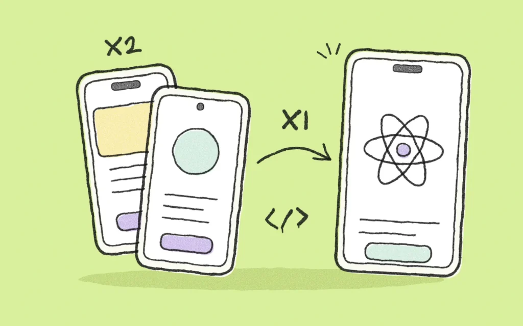 Illustration of two native phones becoming a single phone with the React Native symbol