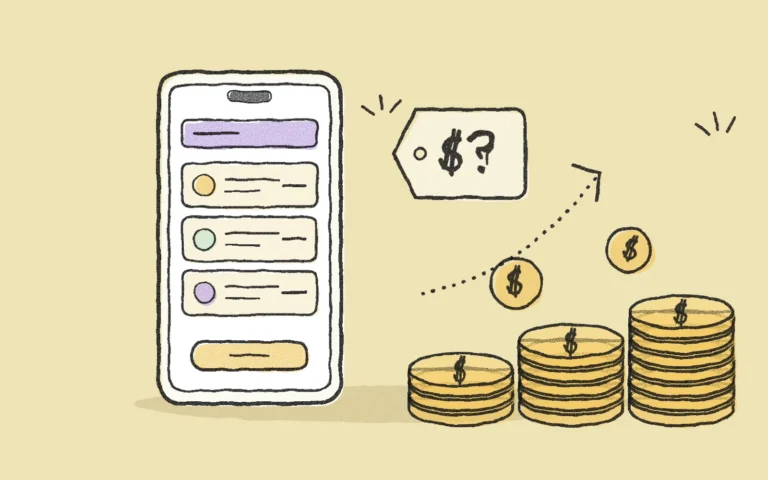 Illustration of a phone with an app, a price tag and growing stacks of coins