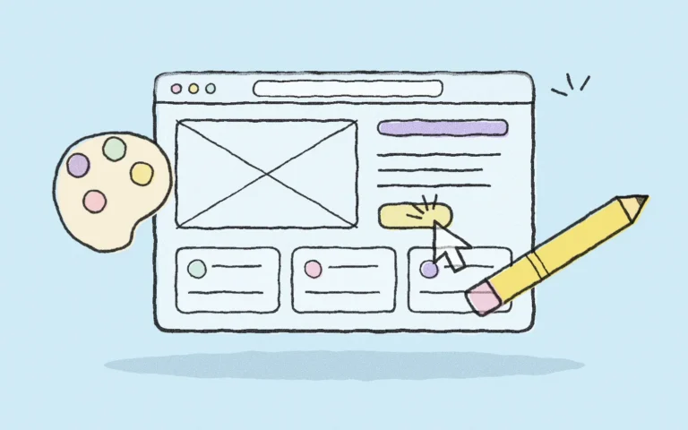 Illustration of a website wireframe with a color palette, a cursor and a pencil